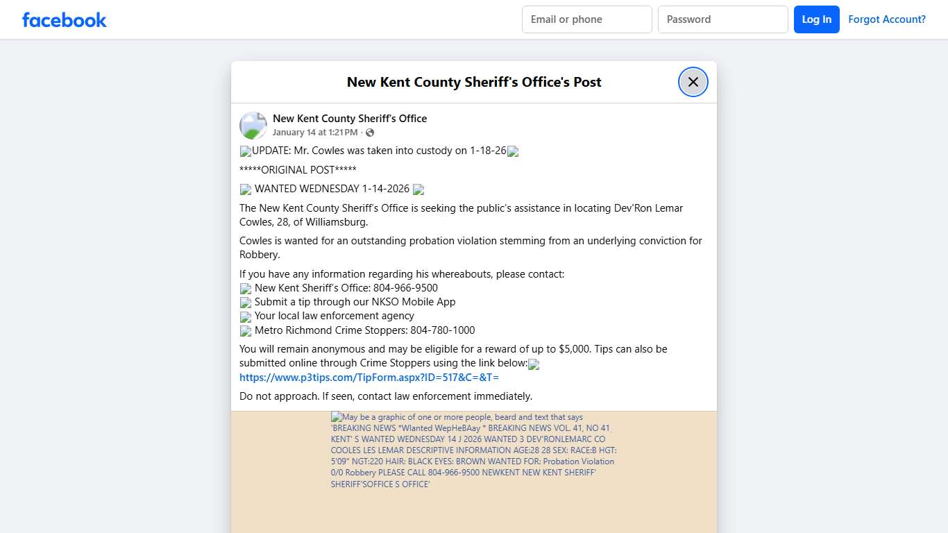 🚨UPDATE: Mr. Cowles was... - New Kent County Sheriff's Office Facebook